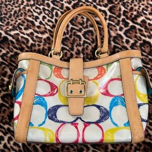 Rare Coach Multicolor Signature Scribble Vinyl Vachetta 2152 Tote Leather Trim